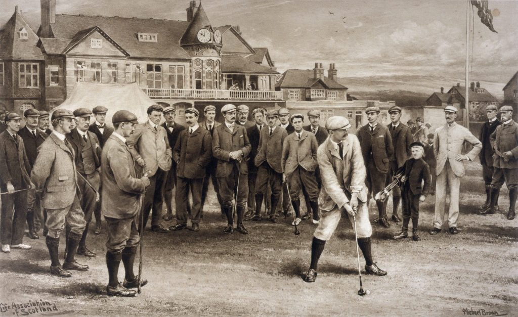 An image of the first ever Open Championship teeing off in 1902